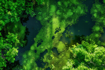 Fototapeta na wymiar Vibrant greenery enveloping a lake resembling human footprints, highlighting the interconnectedness between human actions and environmental impact.
