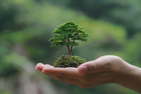 Close-up of a hand holding a miniature tree representing environmental stewardship and societal responsibility.