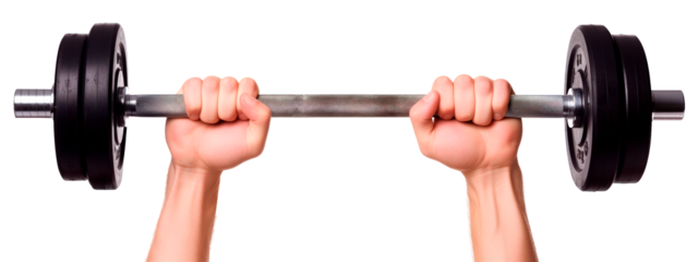 Hand holding a dumbbell isolated on a white or transparent background. Close-up of a dumbbell in hand, side view. Graphic design element on the theme of sports.