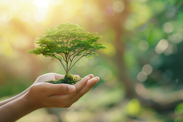 Symbolic image of a hand cradling a virtual tree symbol, representing the collective responsibility towards environmental sustainability.