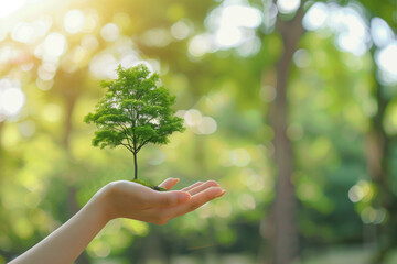 Conceptual photo featuring a hand holding a stylized green tree icon, symbolizing societal commitment to environmental conservation.