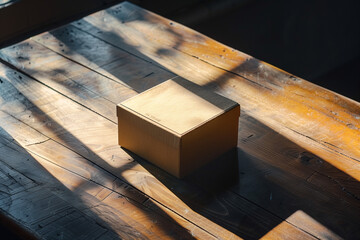 A single, closed mystery box resting on a plain wooden table, casting a faint shadow. - obrazy, fototapety, plakaty
