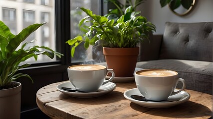 A cup of coffee rests on a smooth wooden surface, its deep brown hue mirroring the earthy tones of the potted plant and the inviting comfort of the nearby couch.