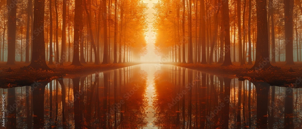 Poster a forest with a river running through it