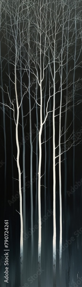 Poster a painting of a forest with trees in the foreground and background