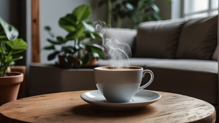 A cup of coffee rests on a smooth wooden surface, its deep brown hue mirroring the earthy tones of the potted plant and the inviting comfort of the nearby couch.