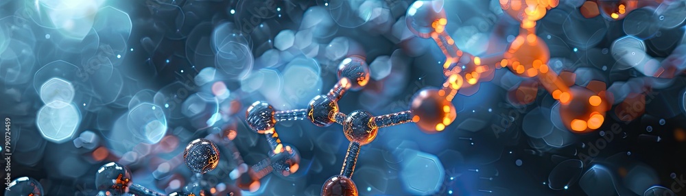 Wall mural 3d render of a glowing blue and orange atom or molecule structure with a bokeh background