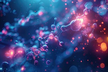 3D illustration of a molecular structure on a blue background with glowing red and blue highlights. - obrazy, fototapety, plakaty