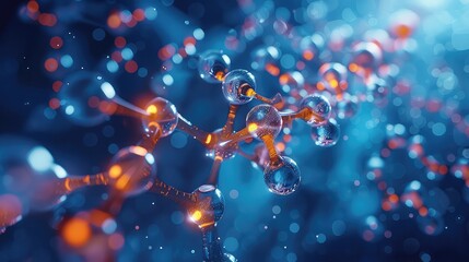 3D render of a molecule with a blue and orange color scheme - obrazy, fototapety, plakaty