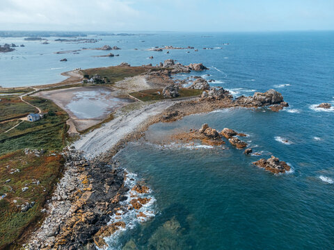 Aerial view of Pointe des Poulains, western tip of Belle-île-en-Mer, the largest island of Brittany in Morbihan, France - Wild rocky coast of the Atlantic Ocean.