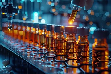 A close up of a row of glass vials being filled with a yellow liquid.