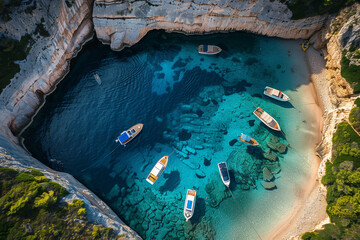 Tourist boats anchored in the breathtaking Stiniva cove, Vis Island, Dalmatia, Croatia, captured from a bird's-eye view by drone. - obrazy, fototapety, plakaty