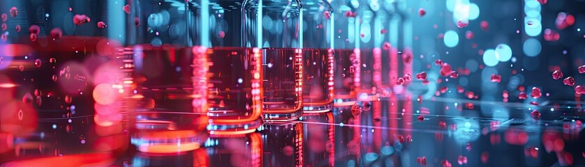 Close-up of a row of beakers with a red liquid on a reflective surface with a blue light in the background.