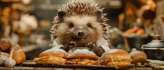 A cartoon hedgehog is sitting on a table with a plate of donuts