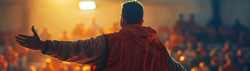 A man in an orange jacket is standing in front of a crowd of people - obrazy, fototapety, plakaty