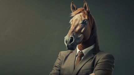 A horse wearing a suit and tie is standing in front of a wall