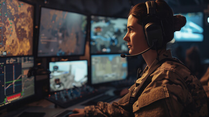 Fototapeta premium In a tactical command hub, a skilled military woman sits at a control panel with multiple screens, wearing headphones to communicate with frontline units and coordinate responses t