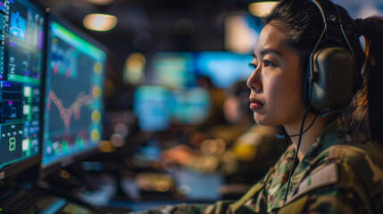 Inside a joint military operations center, a strategic-minded woman officer wears headphones and uses a control panel to coordinate joint exercises and cross-functional missions, e
