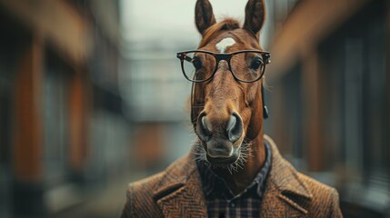 A horse wearing glasses and a suit - obrazy, fototapety, plakaty