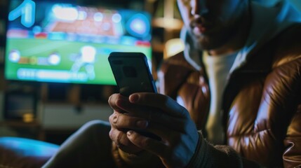 man holding a cell phone while betting online on a football match