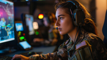 Inside a joint military operations center, a strategic-minded woman officer wears headphones and uses a control panel to coordinate joint exercises and cross-functional missions, e