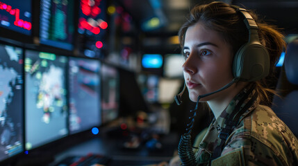 Inside a joint military operations center, a strategic-minded woman officer wears headphones and uses a control panel to coordinate joint exercises and cross-functional missions, e - obrazy, fototapety, plakaty