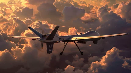 Foto op Canvas Against a dramatic cloudy sky, a stealthy military drone with the bold "AI" insignia patrols the airspace, showcasing advanced autonomous technology in defense operations. © Maksym