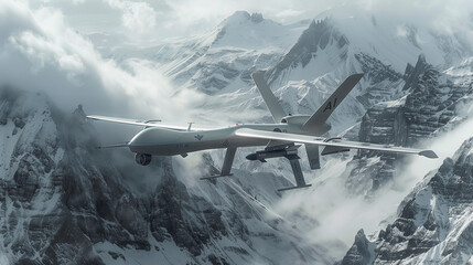 Amidst a rugged mountain range, a futuristic military drone equipped with the 
