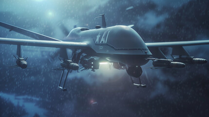 In a tactical operation scenario, a high-tech military drone with the prominent 