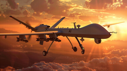 In a tactical operation scenario, a high-tech military drone with the prominent 