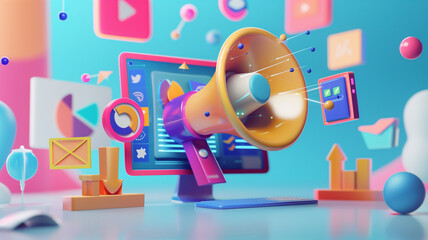 A 3D photo of digital marketing with social media