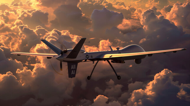 Against a dramatic cloudy sky, a stealthy military drone with the bold "AI" insignia patrols the airspace, showcasing advanced autonomous technology in defense operations.