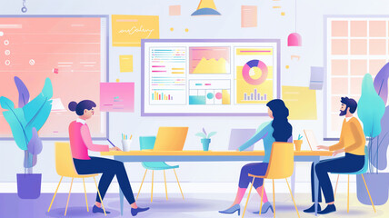 A flat image of a meeting of office workers