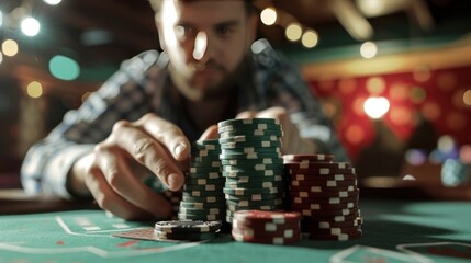 A man holds a stack of poker chips at a casino table, depicting a poker game