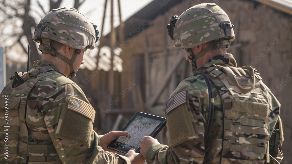 Poster within a forward operating base, troops utilize a tablet to access satellite imagery and intelligenc