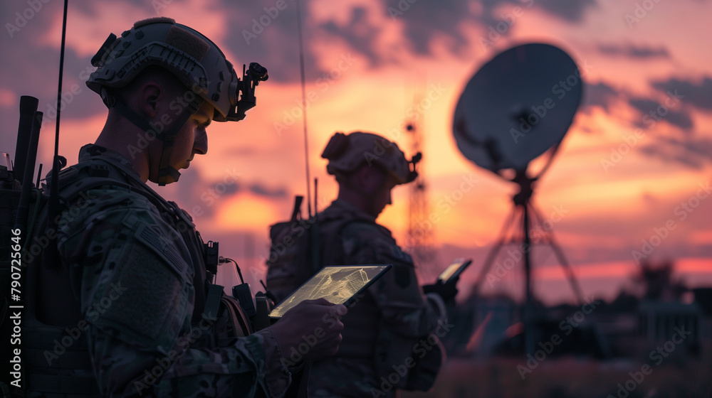 Poster within a forward operating base, troops utilize a tablet to access satellite imagery and intelligenc