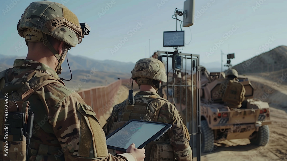 Poster in a remote border outpost, troops monitor surveillance feeds and border activity on a tablet next t