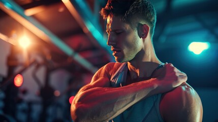 man with a shoulder injury is exercising in a club