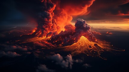 Aerial view of an erupting volcano at sunset, with the red and orange lava glowing against the darkening sky - obrazy, fototapety, plakaty