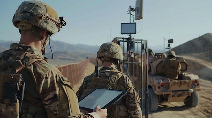 In a remote border outpost, troops monitor surveillance feeds and border activity on a tablet next to a Starlink antenna, showcasing the use of satellite communications for border