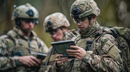 Amidst a training exercise, soldiers use a tablet to coordinate maneuvers and logistics while leveraging connectivity from a nearby Starlink antenna, illustrating the integration o - obrazy, fototapety, plakaty