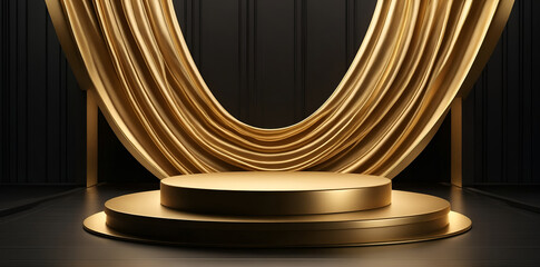 Golden podium background 3D product stage, golden wave lines and platform for product display. an...