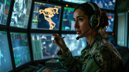 Inside a high-tech command center, a focused military woman with headphones sits at a control panel, coordinating operations and monitoring activities on multiple screens with prec