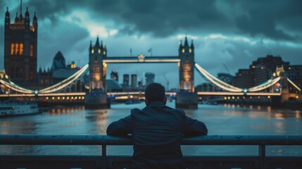 stressed businessman leans bridge london