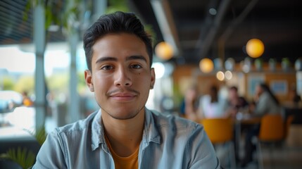 Obraz premium Smiling Young Hispanic Man in Modern Tech Startup Office Environment