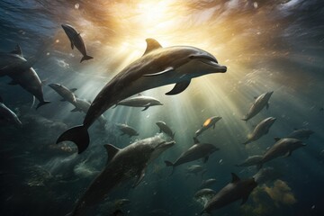 Dolphins herding a school of fish.