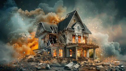 A picture of a house destroyed by fire For use in advertising home insurance 2 - obrazy, fototapety, plakaty