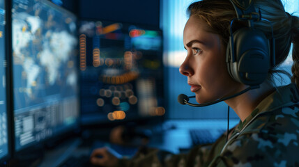 In a fortified operations center, a capable female officer multitasks at a control panel, wearing headphones to communicate with deployed units and analyzing mission-critical data - obrazy, fototapety, plakaty