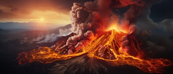 Overhead shot of an intense eruption, with lava creating a spectacular, destructive tapestry on the mountain - obrazy, fototapety, plakaty