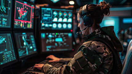 In a tactical command hub, a skilled military woman sits at a control panel with multiple screens, wearing headphones to communicate with frontline units and coordinate responses t - obrazy, fototapety, plakaty